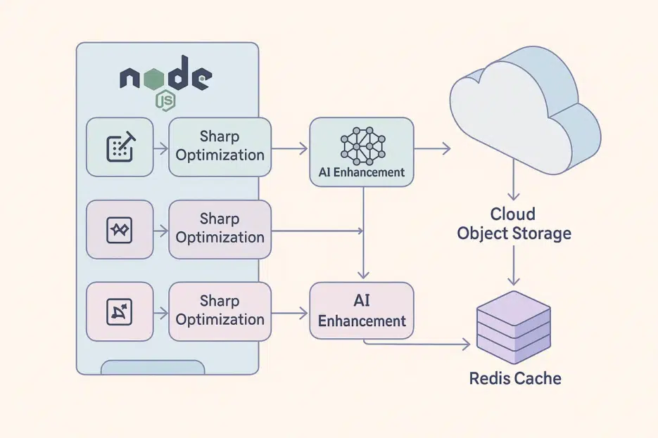 Checklist-style infographic highlighting performance tips for Node.js image pipelines, with icons for CPU, memory, cache, and security