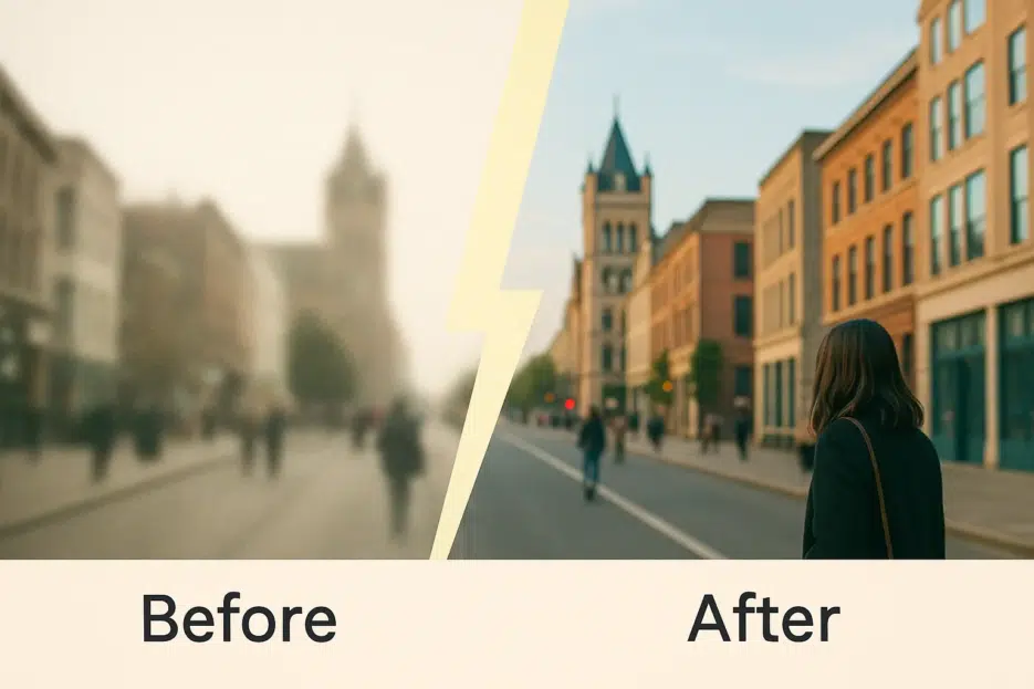 Before/after split image showing blurry photo on the left and crisp AI-enhanced result on the right, with subtle lightning bolt motif to suggest speed. Minimal, clean style.