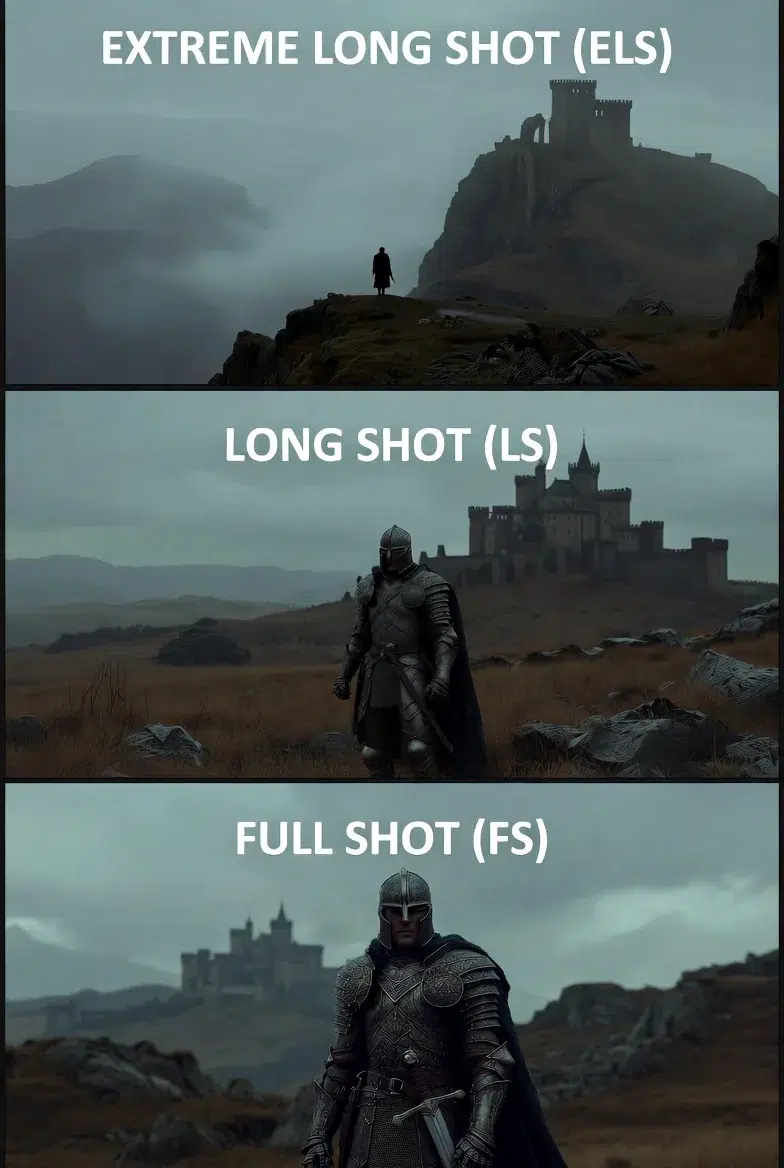 Three-panel comparison showing same fantasy knight: ELS (tiny figure in vast landscape), LS (full body with castle background), FS (head to toe filling frame), shot type demonstration, labeled examples