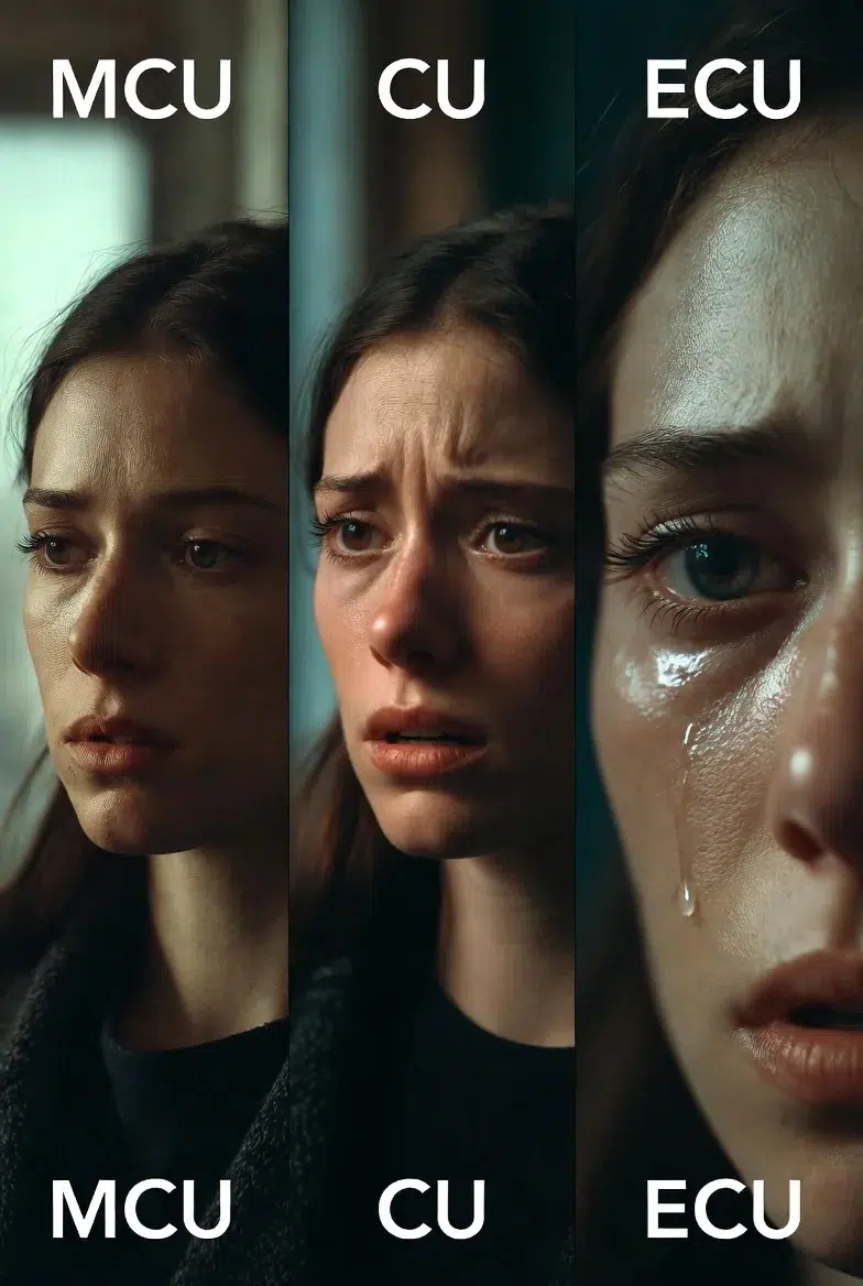 Emotional intensity scale showing same actress: MCU (chest up, subtle reaction), CU (face only, clear emotion), ECU (single eye with tear, maximum intensity), progressive close-up demonstration