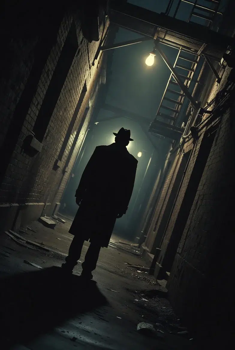 Dutch angle demonstration: thriller scene with 30-degree tilt, detective in dark alley, tilted horizon creating unease, noir lighting, psychological tension visualization