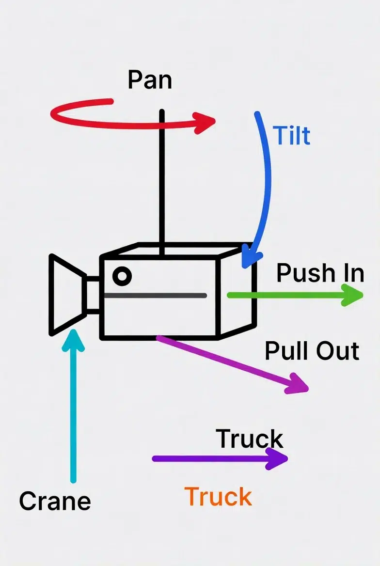 Camera movement diagram showing 6 basic movements: Pan (horizontal arrow), Tilt (vertical arrow), Push In (forward arrow), Pull Out (backward arrow), Truck (lateral arrow), Crane (vertical lift), motion graphics style, educational reference