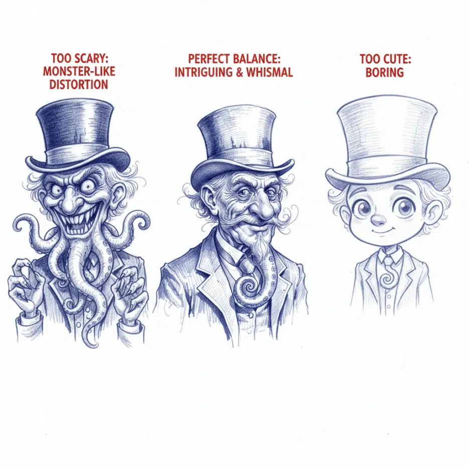 Three-panel comparison showing grotesque balance: left (too scary, monster-like distortion), center (perfect balance, intriguing whimsical character), right (too cute, boring), demonstrating the sweet spot of grotesque surrealism