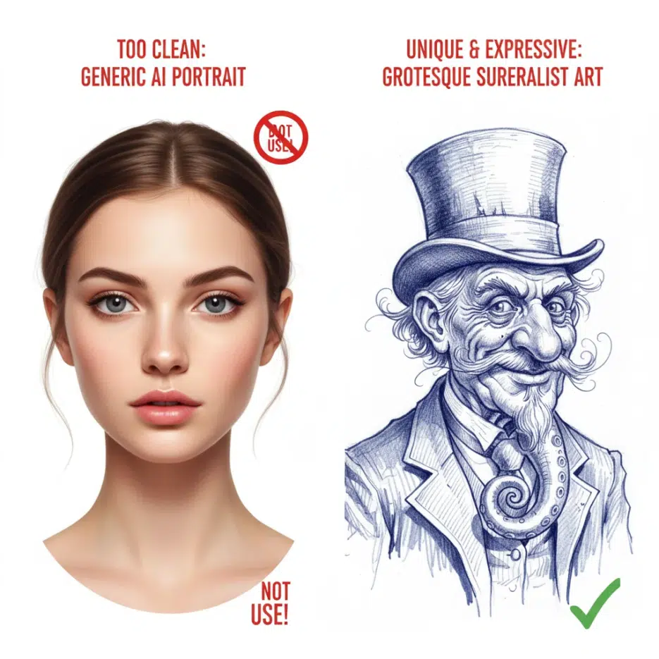 Style comparison: left showing typical perfect AI portrait (too clean, generic), right showing grotesque surrealist character (unique, expressive, hand-drawn feel), demonstrating artistic differentiation, side by side comparison