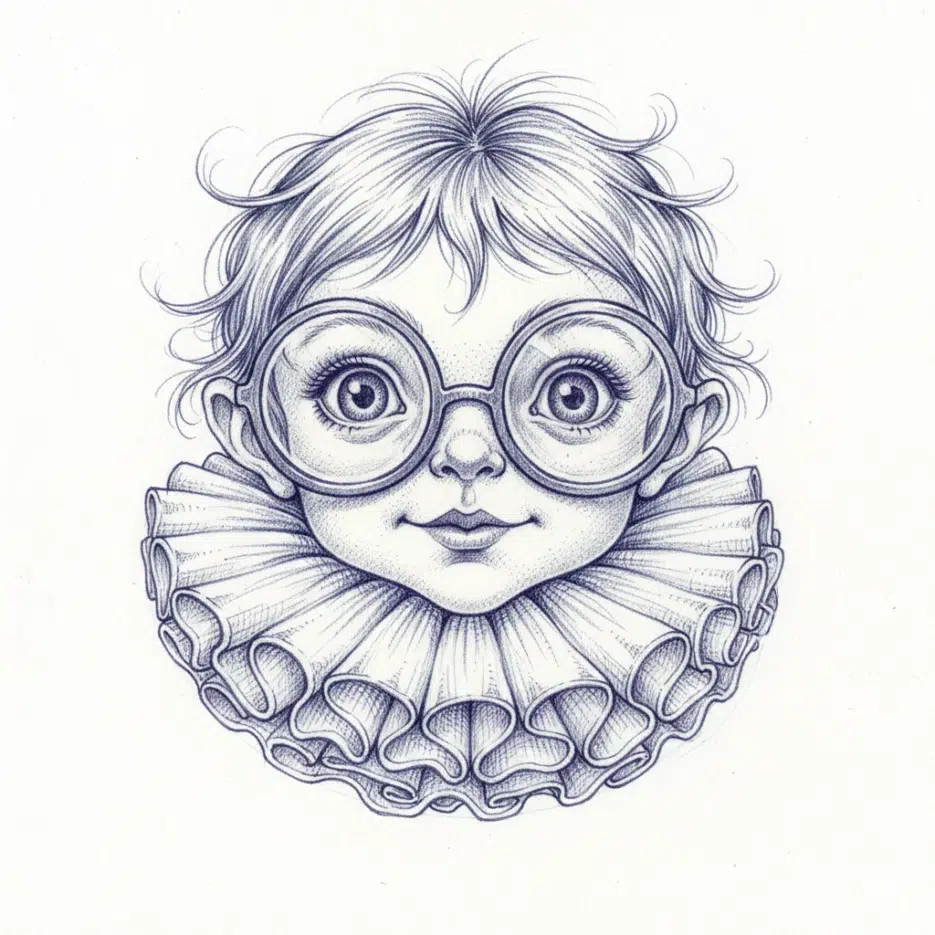 Blue pencil drawing of a mysterious child with oversized round glasses and ruffled collar, detailed ink wash artwork, surrealistic grotesque style, large expressive curious eyes, whimsical character design, ultra-fine details, dark white and light grey, on white background
