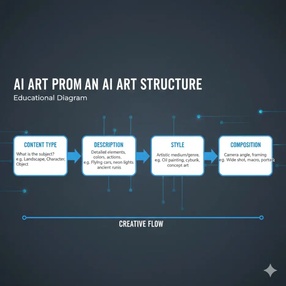 Anatomy diagram of AI art prompt, showing four connected boxes labeled "Content Type", "Description", "Style", "Composition" in a flow chart, clean infographic design, educational illustration, blue and white color scheme