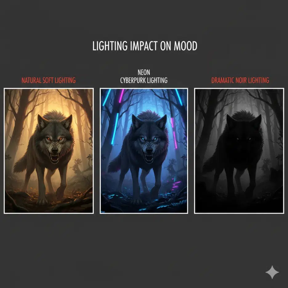 Same wolf scene with three different style treatments: natural soft lighting (warm, gentle), neon cyberpunk lighting (blue/pink glow), dramatic noir lighting (high contrast shadows), demonstrating lighting impact on mood