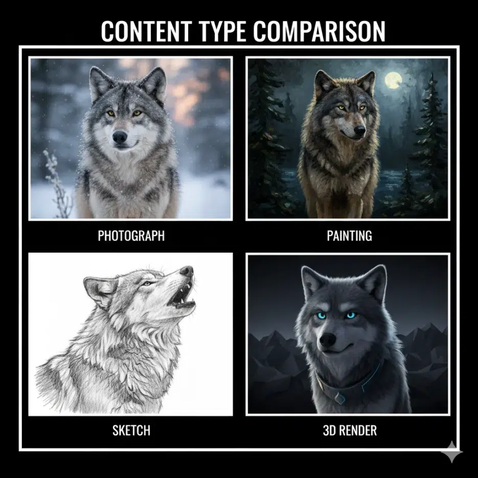 Same wolf subject shown in 4 different content types: photograph (realistic), painting (oil paint texture), sketch (pencil lines), 3D render (CGI look), four-panel comparison demonstrating content type impact