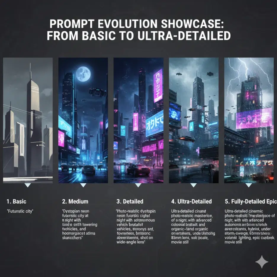 Prompt evolution showcase: 5 versions of futuristic city from basic to fully detailed, showing progressive improvement as more prompt elements are added, numbered 1-5, visual learning demonstration
