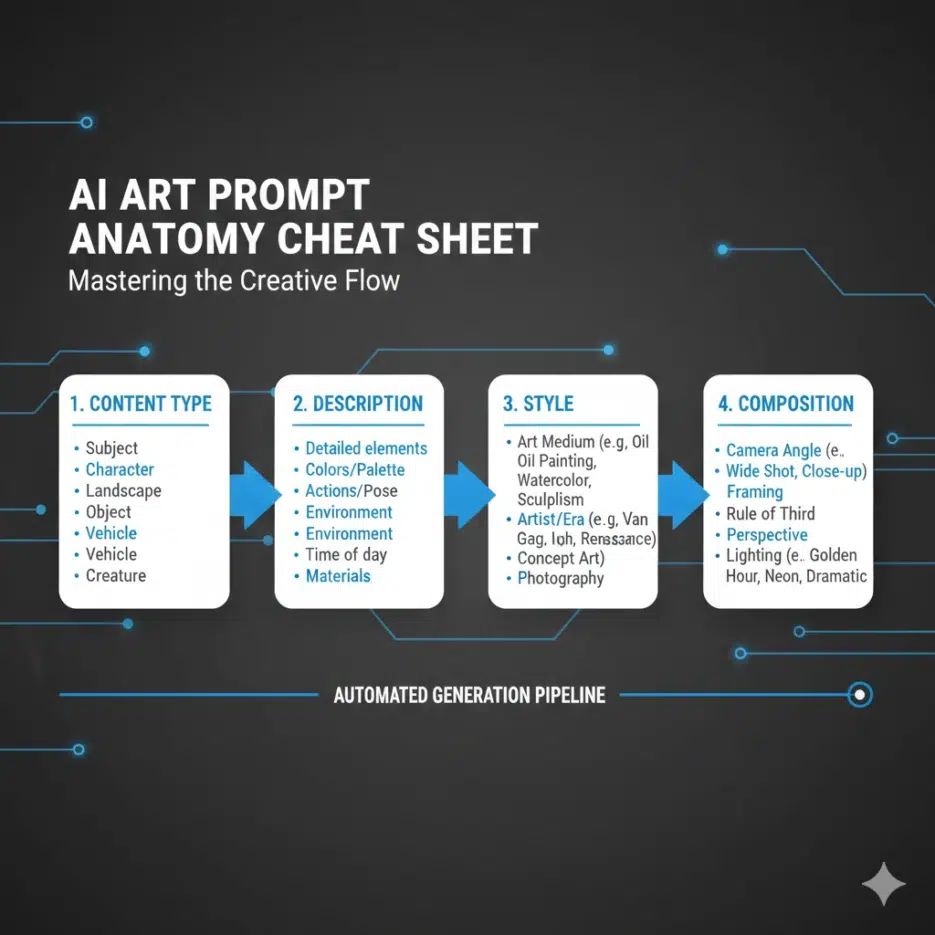 Complete prompt anatomy infographic: visual breakdown showing Content Type → Description → Style → Composition flow, with example keywords under each category, cheat sheet style design, easy to reference layout