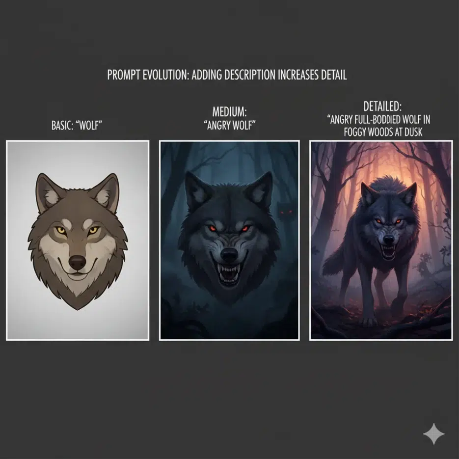 Prompt evolution demonstration: three wolves showing progression from basic "wolf" to "angry wolf" to "angry full-bodied wolf in foggy woods at dusk", showing how description detail improves output quality, before-after style