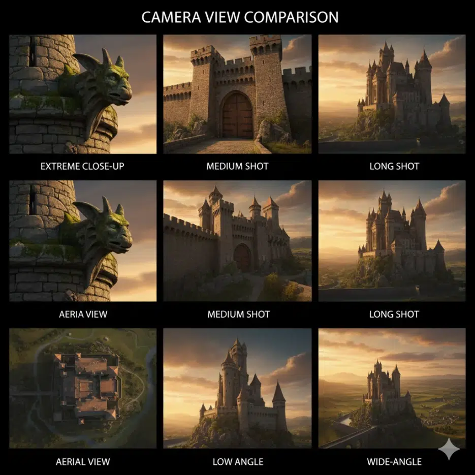 Camera view comparison: same castle subject shown from 6 perspectives - extreme close-up (stone texture detail), medium shot (gate and wall), long shot (full castle), aerial view (from above), low angle (looking up), wide-angle (panoramic), labeled grid demonstration