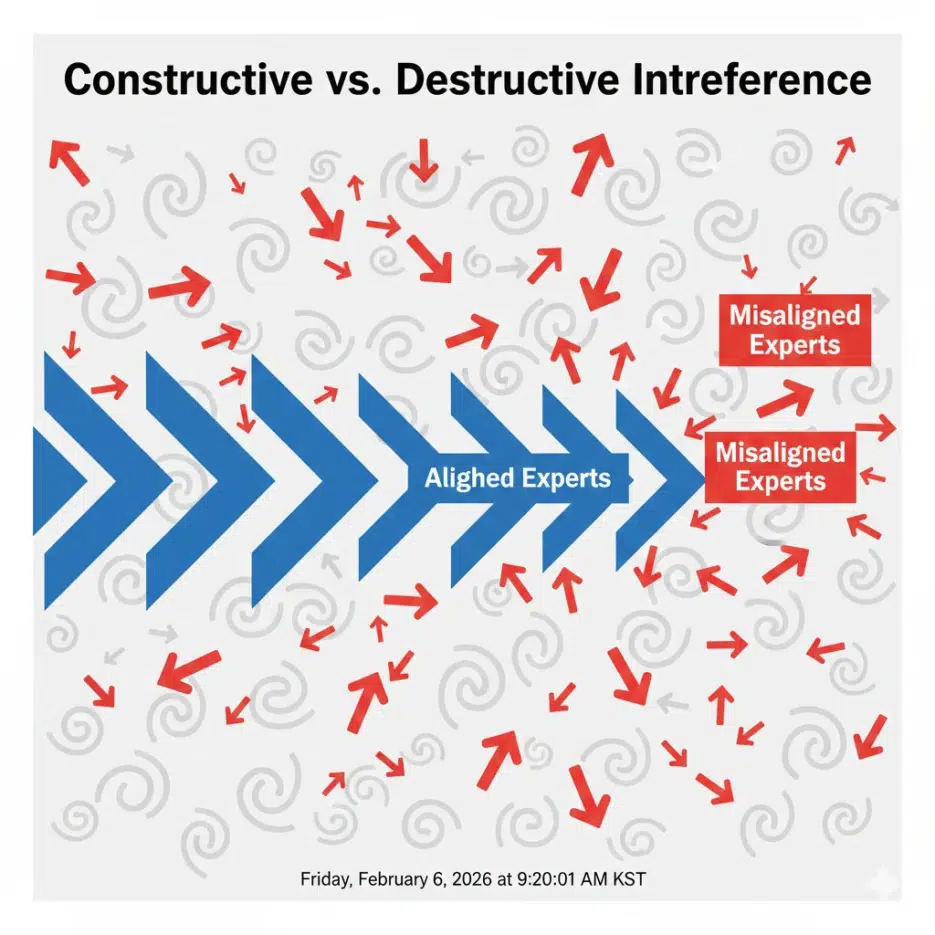 A data visualization diagram. A chaotic vector field background. In the center, a clear path is formed by blue arrows labeled "Aligned Experts". Red arrows labeled "Misaligned Experts" point in random directions, cancelling each other out. A text overlay says "Constructive vs. Destructive Interference". Professional scientific diagram style.