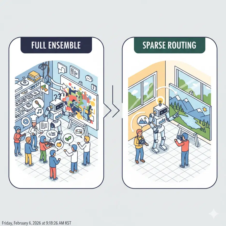 A conceptual illustration comparing two AI workflows. Left side labeled "Full Ensemble": A confused robot artist trying to paint while being shouted at by 10 different experts (chef, mechanic, doctor, etc.), resulting in a messy canvas. Right side labeled "Sparse Routing": A focused robot artist listening to only one relevant expert (a nature photographer) and painting a beautiful landscape. Clean, isometric vector art style.