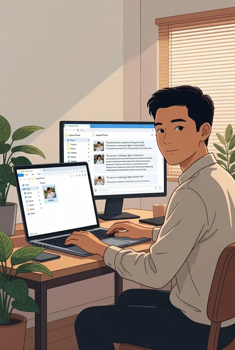 A person working in front of dual monitors showing an AI chat interface with an uploaded image and server logs