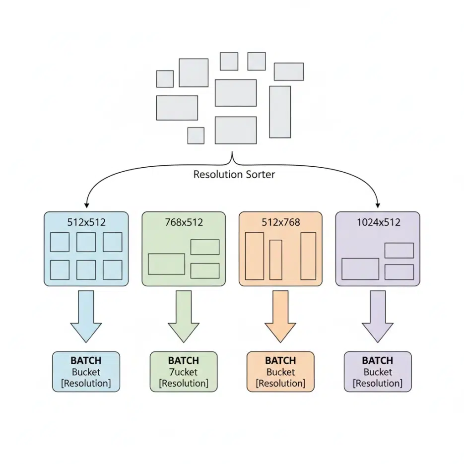 A diagram showing images of various resolutions being classified into aspect ratio buckets, with same-size batches being constructed from each bucket