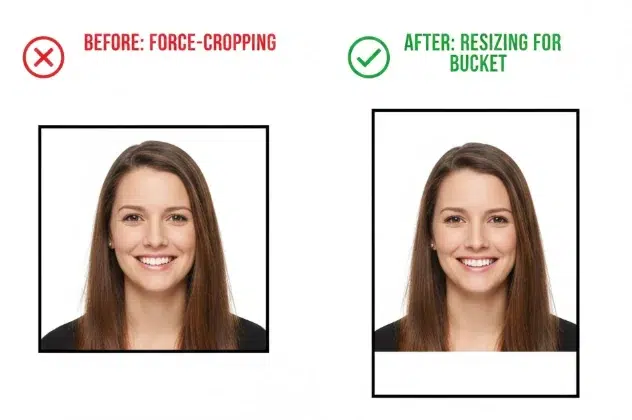 Comparison of a training image with the person's head cropped by forced square cropping (left) versus a training image with preserved composition fitted to a portrait bucket (right)