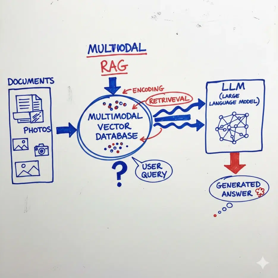 Multimodal RAG system flow diagram showing documents and images stored in a vector DB, user query retrieval, and LLM answer generation