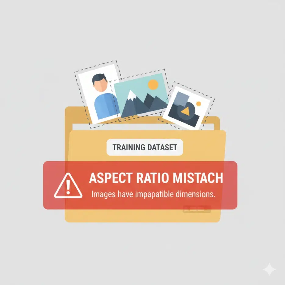 A folder containing training images of various aspect ratios — portrait, landscape, and square — with an error message displayed