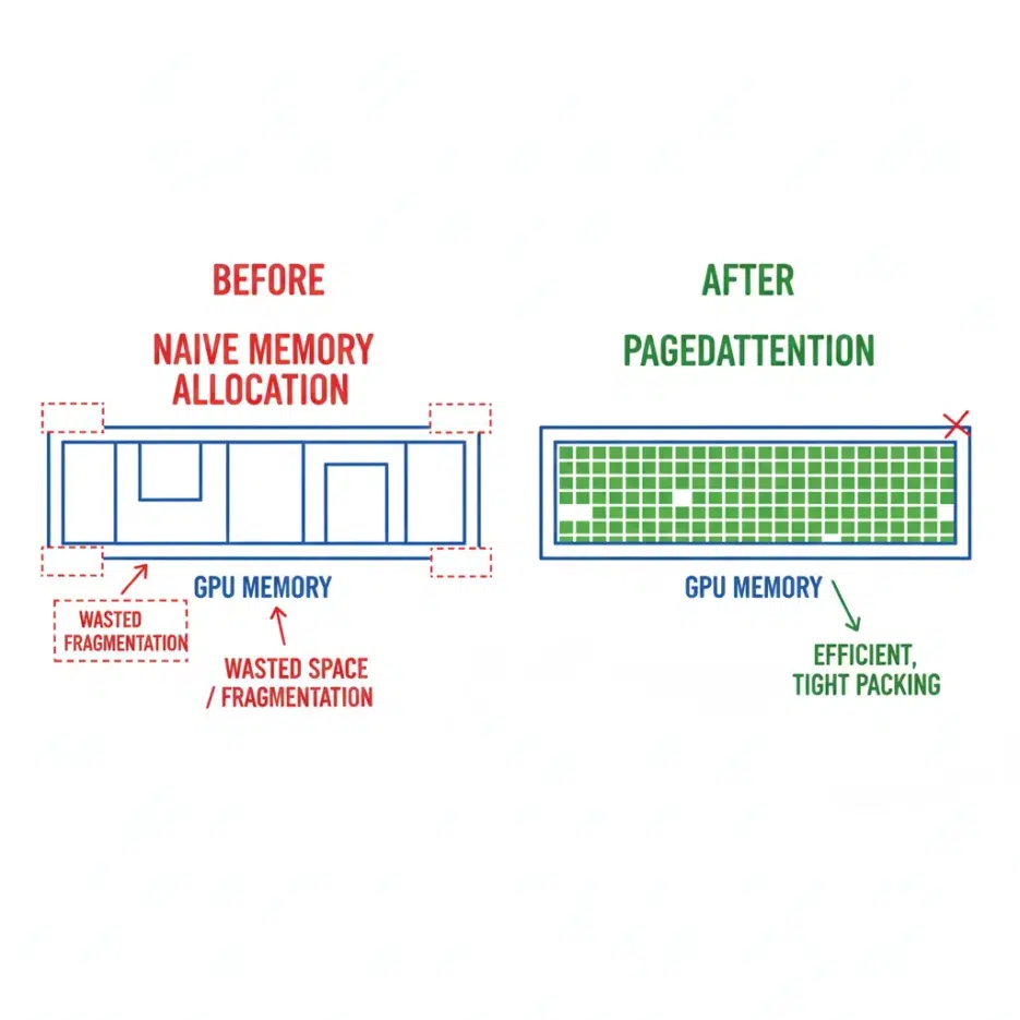 GPU memory visualization comparing traditional KV cache allocation (high waste) vs. PagedAttention (efficient page-level allocation)