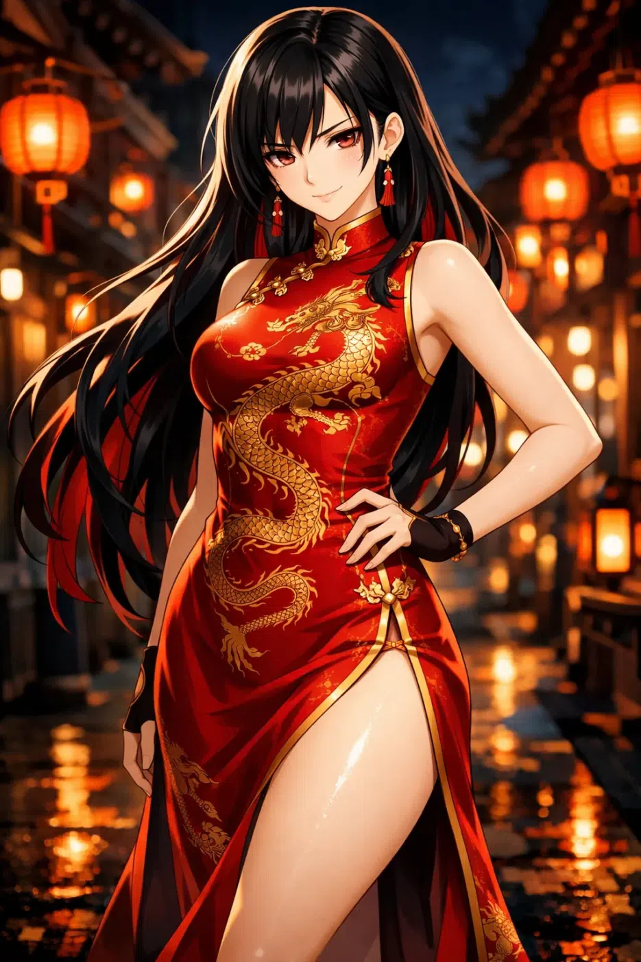 Image of a woman in a red cheongsam from GPT