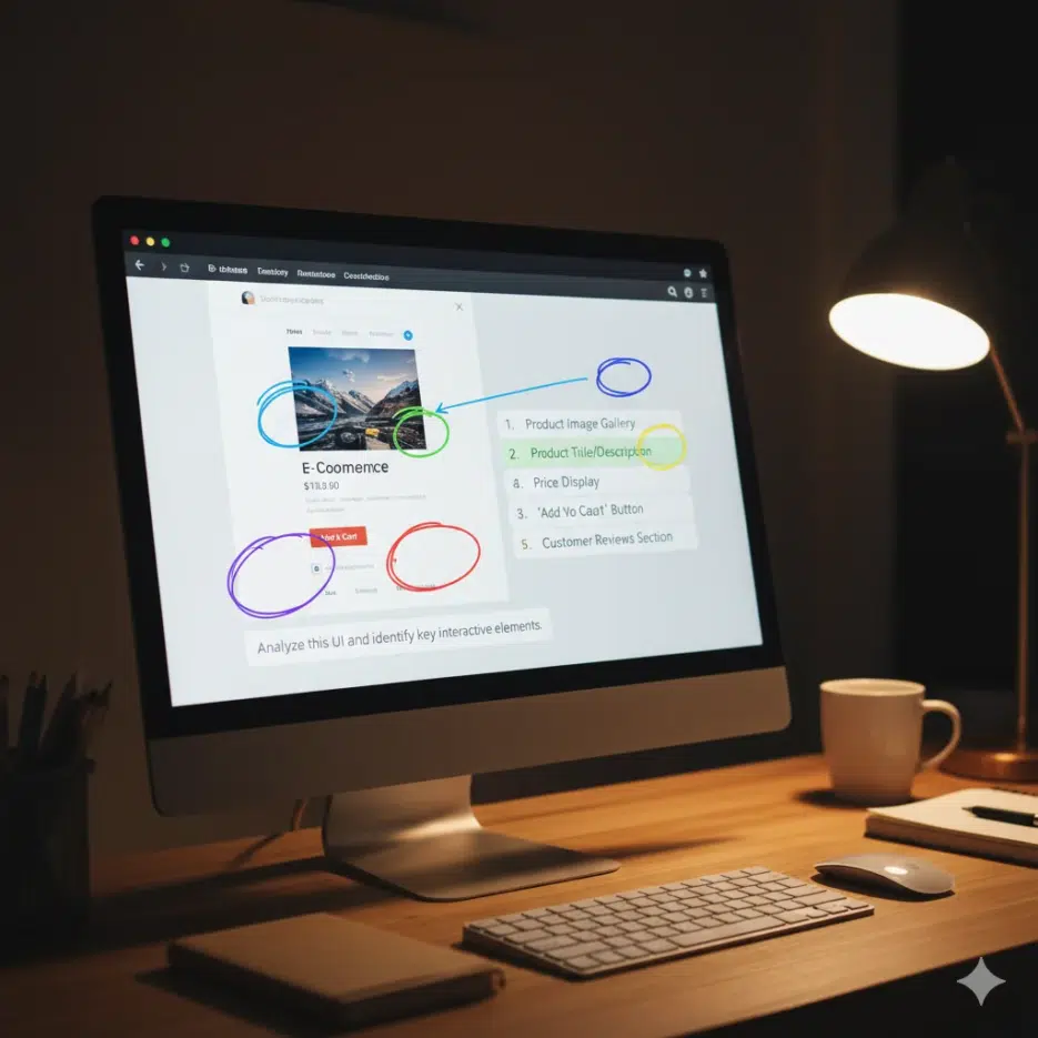 An AI chat screen where a website screenshot and text prompt are input together, showing the AI analyzing and marking UI elements