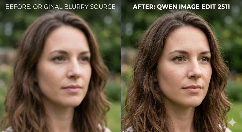 Before and after comparison of portrait upscaled with Qwen Image Edit 2511 — skin texture and eye detail restoration